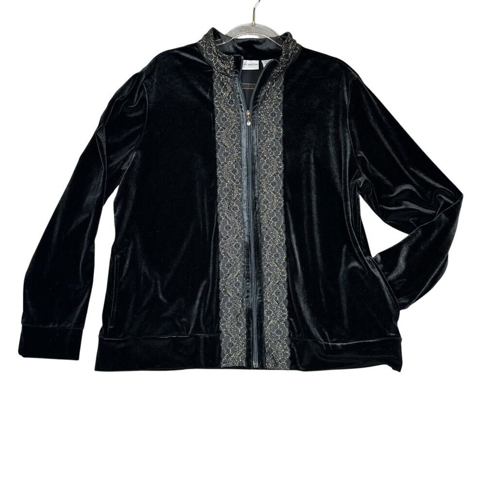 Jacklyn Smith Velvet Cardigan Jacket Womens Size XL Pockets Black Golden Lace